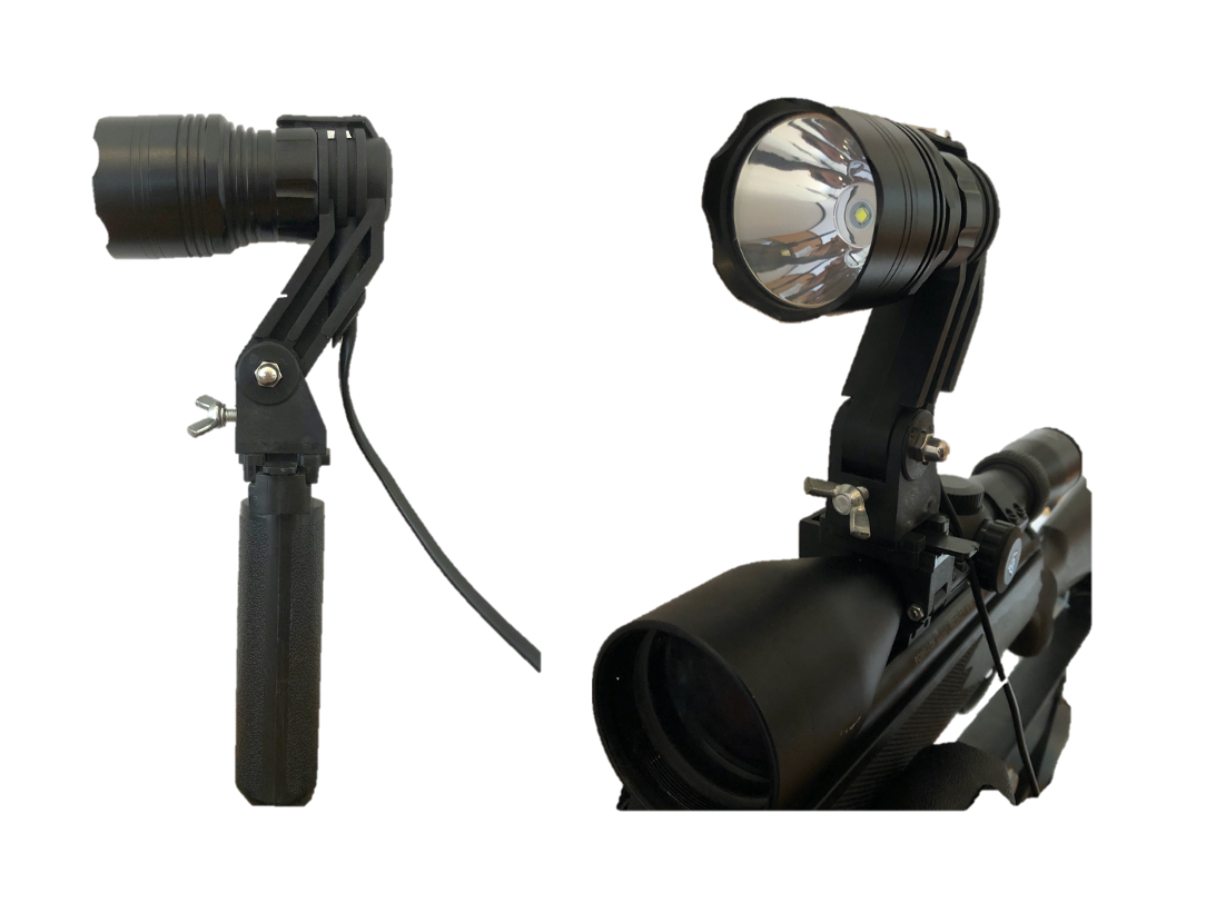 A1 Decoy LED handheld and scope-mounted lamp with 300m beam distance, black flashlight with adjustable focus and ergonomic design.