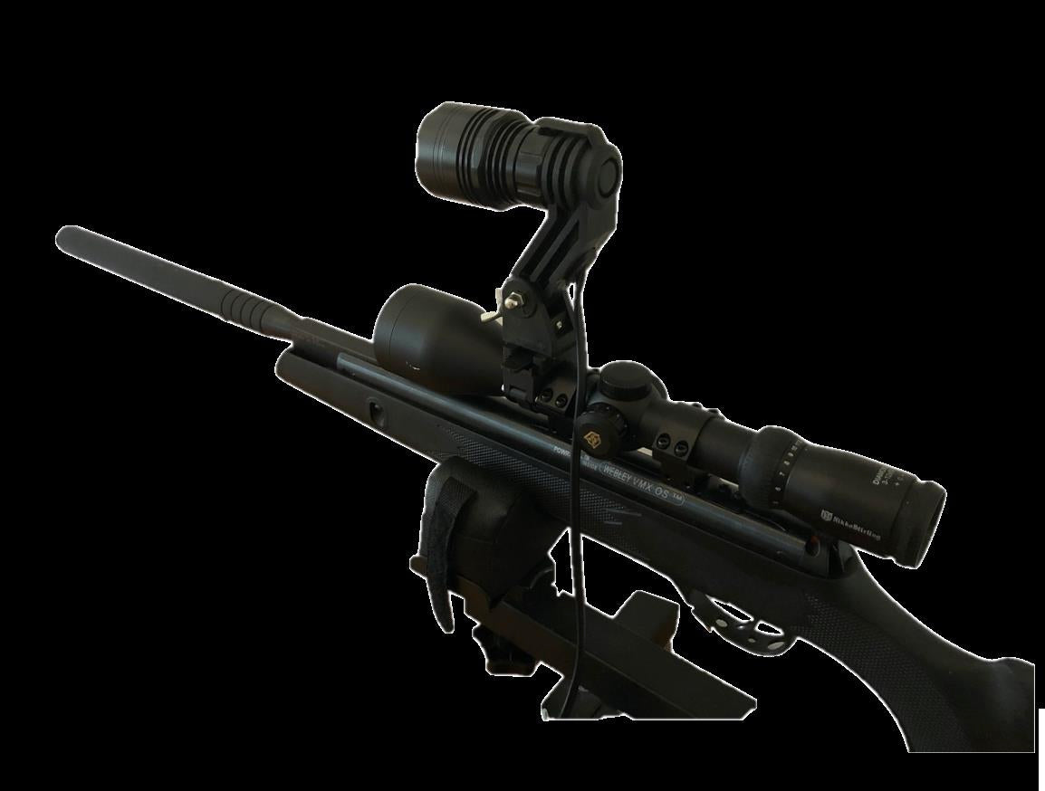 A1 Decoy LED handheld and scope-mounted lamp with 300m+ beam distance, black compact design for outdoor illumination.