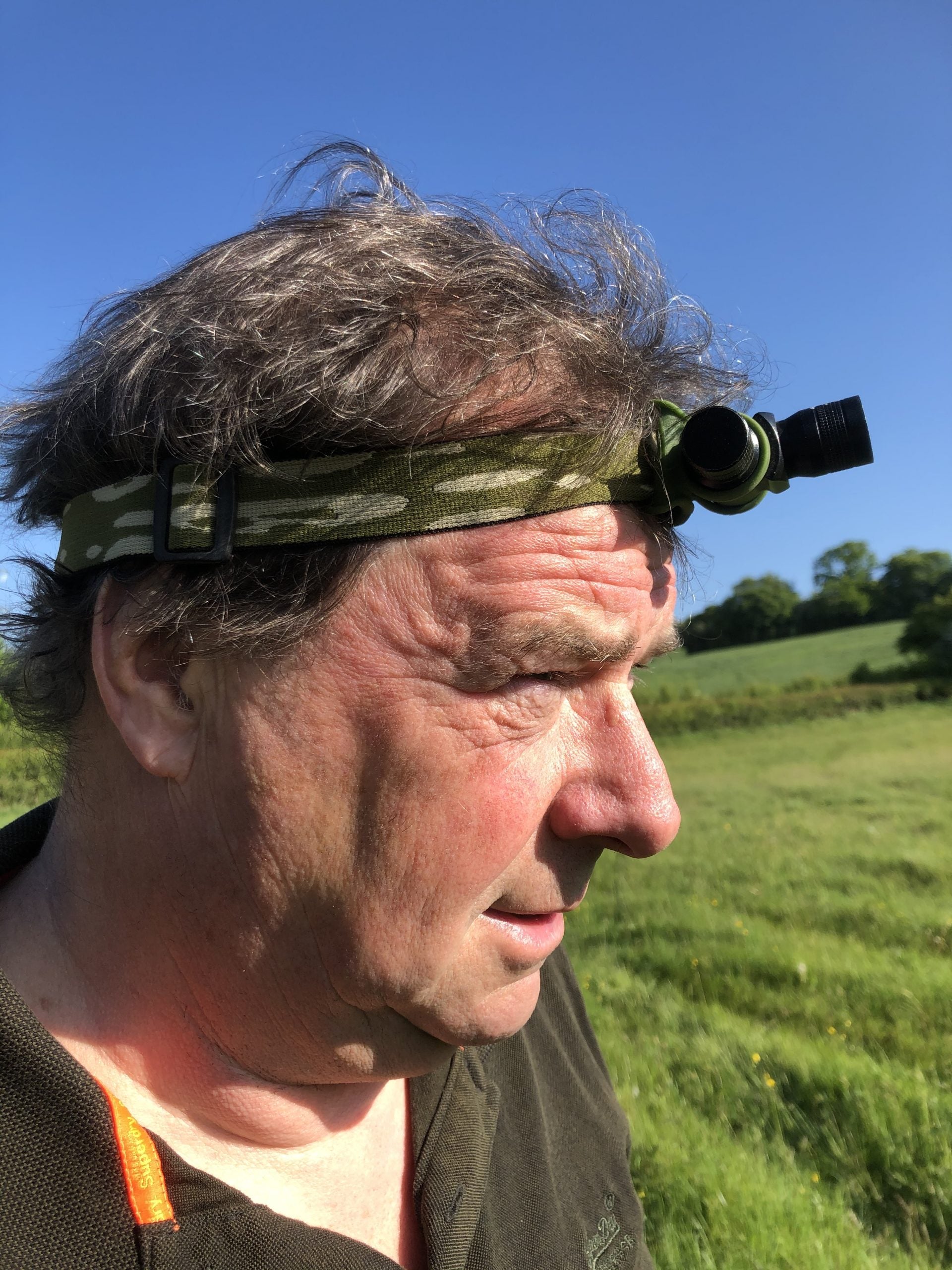 Camo Cree rechargeable head torch by A1 Decoy with adjustable strap and bright LED light for outdoor activities