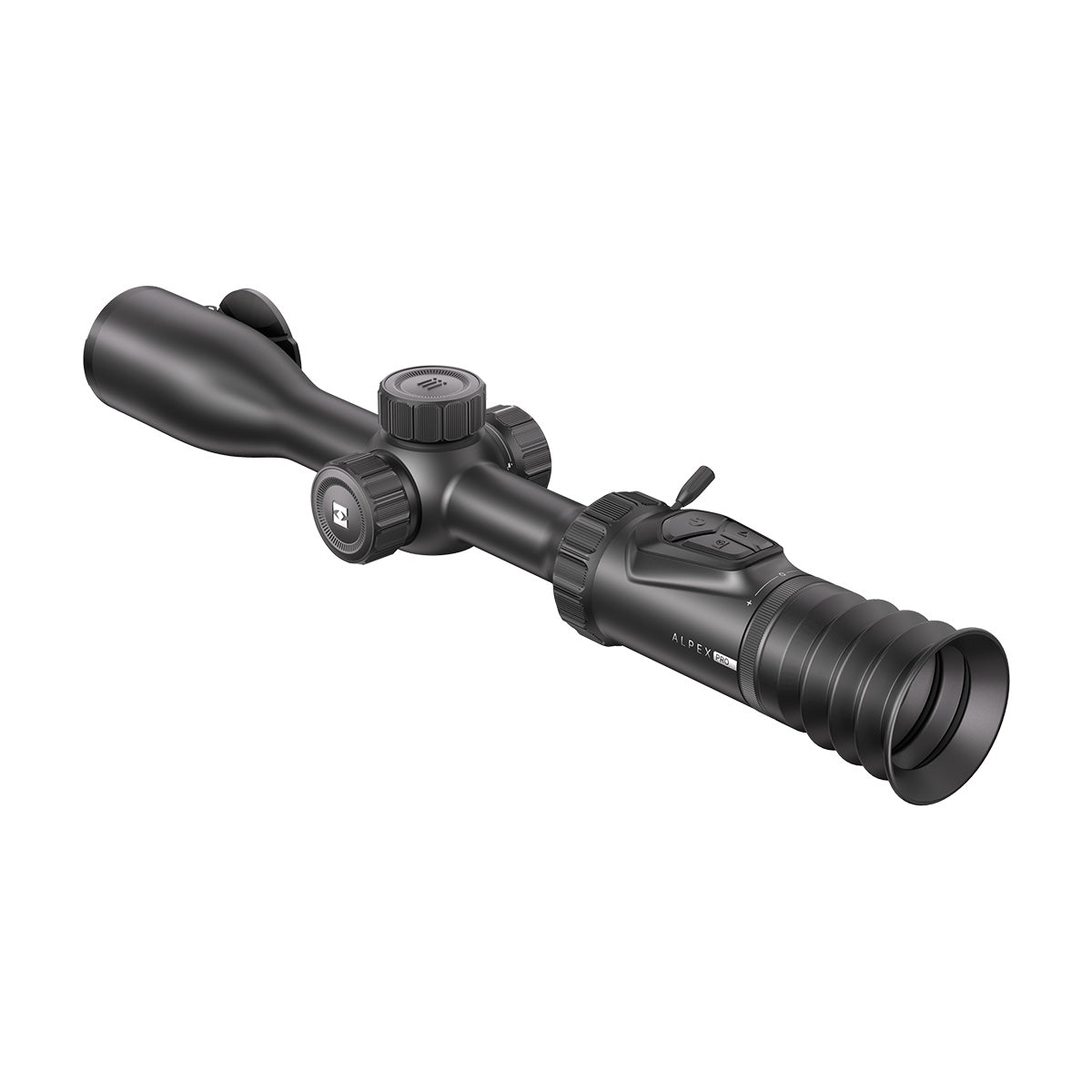 HIKMICRO Alpex A50P non-LRF digital day and night rifle scope mounted on a rifle, showing adjustable settings and lens.