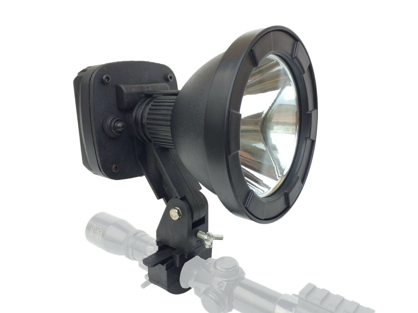 Green LED handheld and scope-mounted lamp by A1 Decoy Ltd, showing a portable flashlight with adjustable focus.