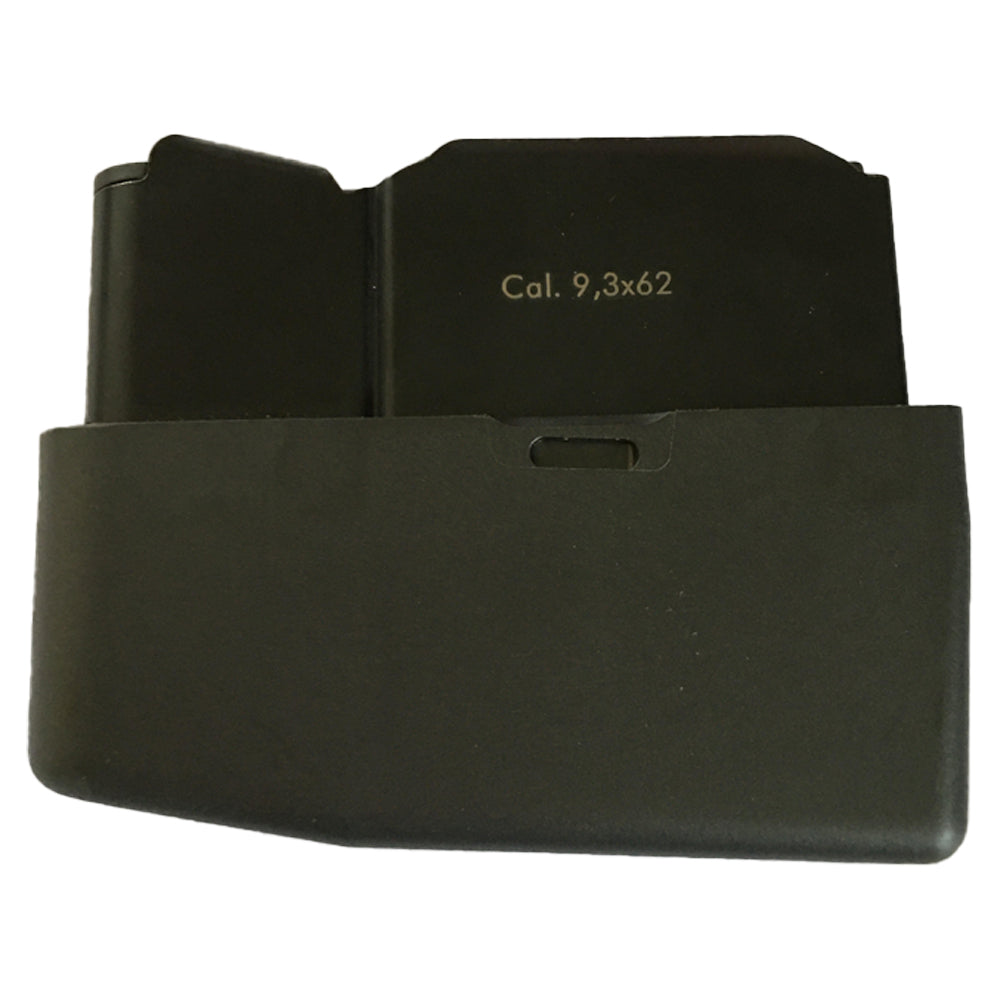 Merkel Helix 5-round magazine for 9.3 x 62 caliber rifle, black polymer with metal feed lips, designed for secure firearm loading.