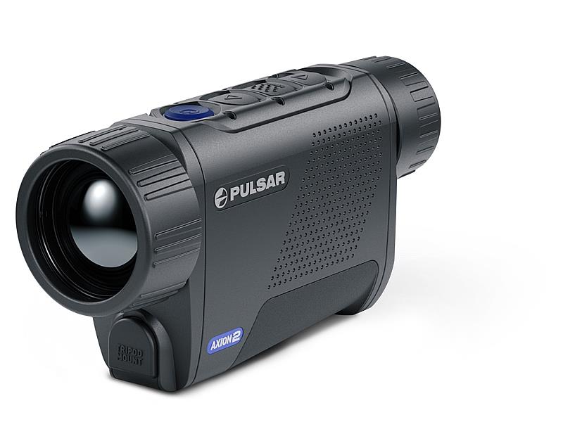 A1 DECOY LTD Pulsar Axion 2 XQ35 thermal monocular showing compact design and thermal imaging lens in natural outdoor setting.