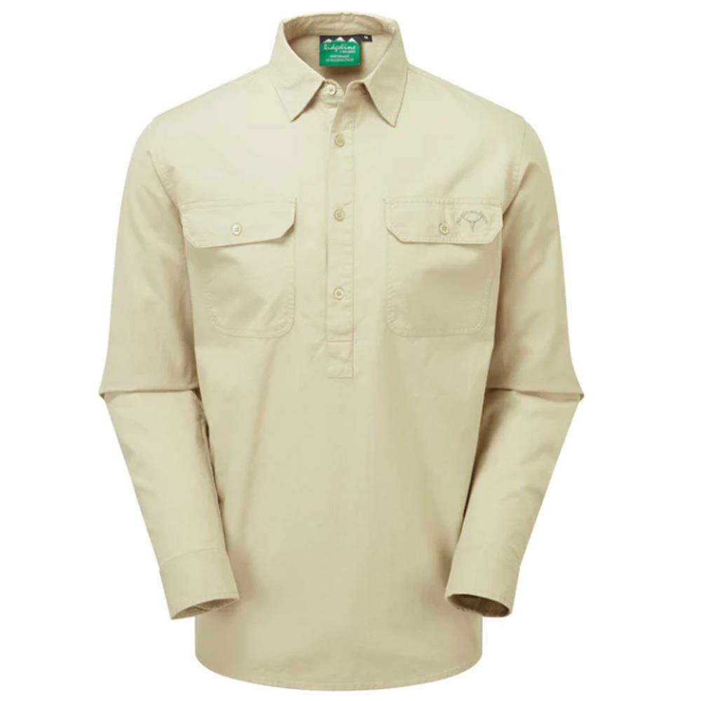 Ridgeline men's yard placket shirt in beech color, size 2XL, by A1 Decoy Ltd, displayed on a hanger.