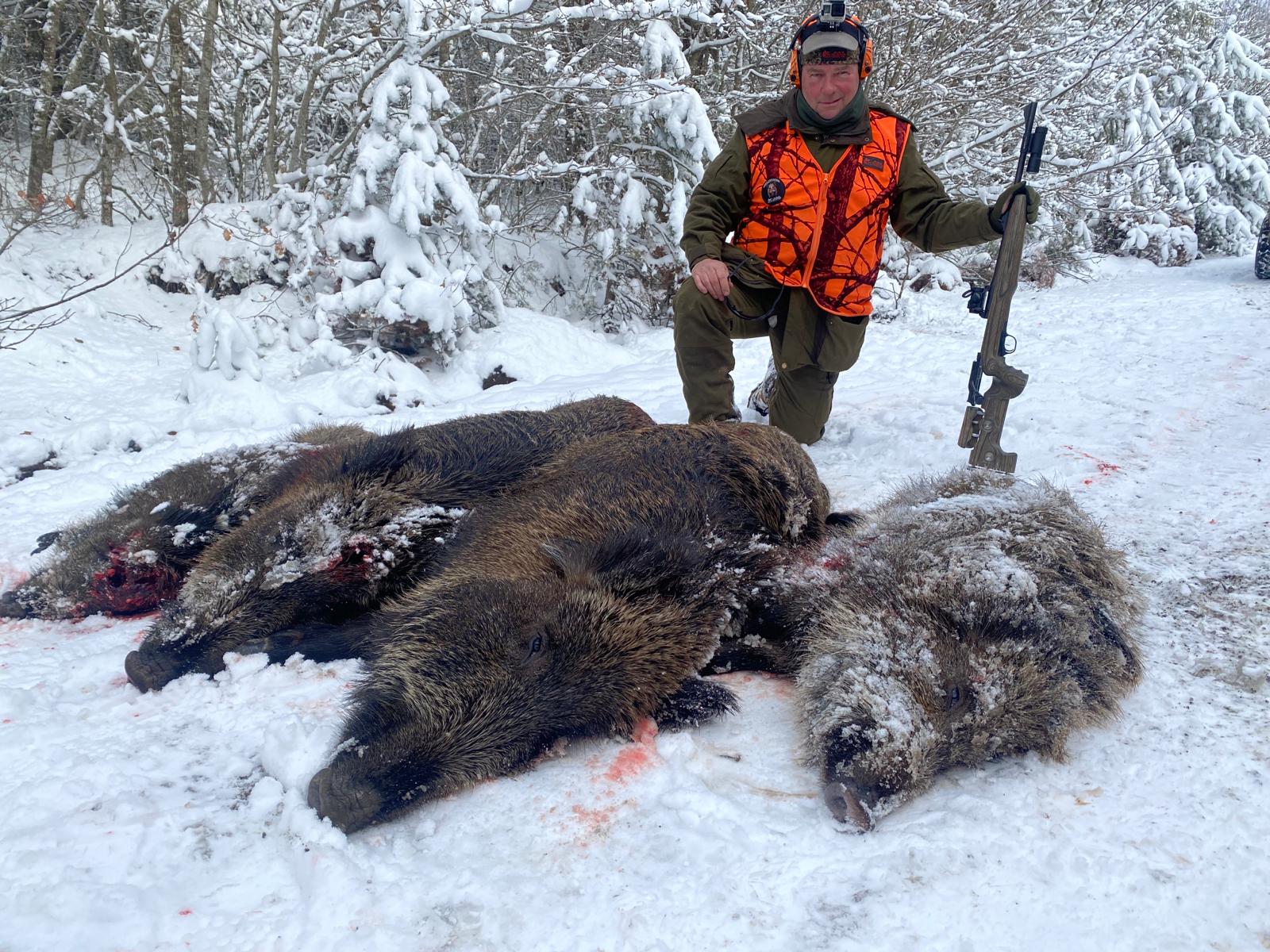 A1 DECOY LTD wild boar hunting scene in Turkey, showing hunters and wild boars during a January 2026 hunting trip.