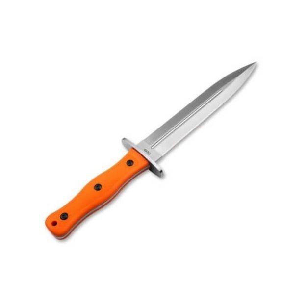 Boker Magnum Boar Dagger Hunting Knife with stainless steel blade and leather sheath, designed for outdoor hunting and survival.