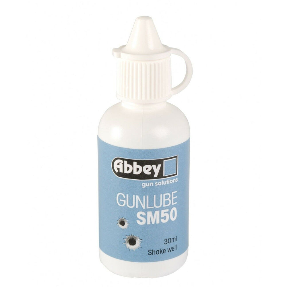 Abbey SM50 Gun Lube 30ml dropper bottle, lubricant for firearms with a clear dropper cap, designed for gun maintenance and safety.