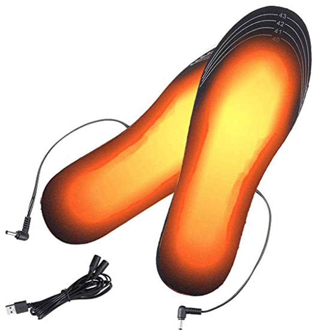 Heated insoles from AliExpress, size 41-46, showing the electric heating elements and soft insole material for warmth.
