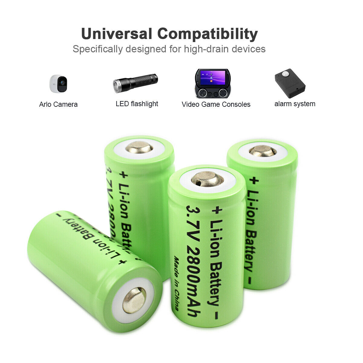 Four ALIEXPRESS rechargeable CR123 batteries, cylindrical lithium batteries with metal contacts, on a plain background.