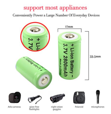 Four rechargeable CR123 batteries from AliExpress, compact lithium batteries for high-performance electronic devices.