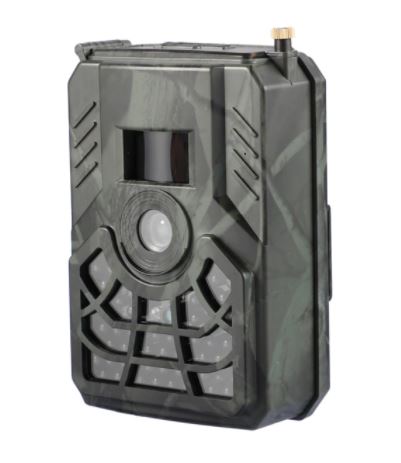 Digital trail camera by ALIEXPRESS with night vision and motion detection, mounted outdoors in a natural setting.