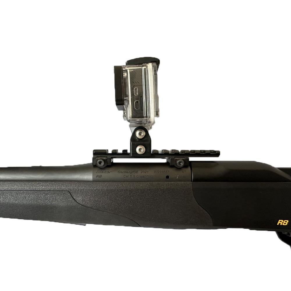 GoPro rifle mount with 20mm Picatinny rail, designed for secure camera attachment to firearms or tactical gear.