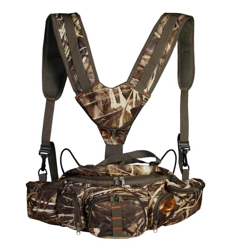 Outdoor hunting camo waist and shoulder tactical chest rig backpack with multiple compartments and adjustable straps.