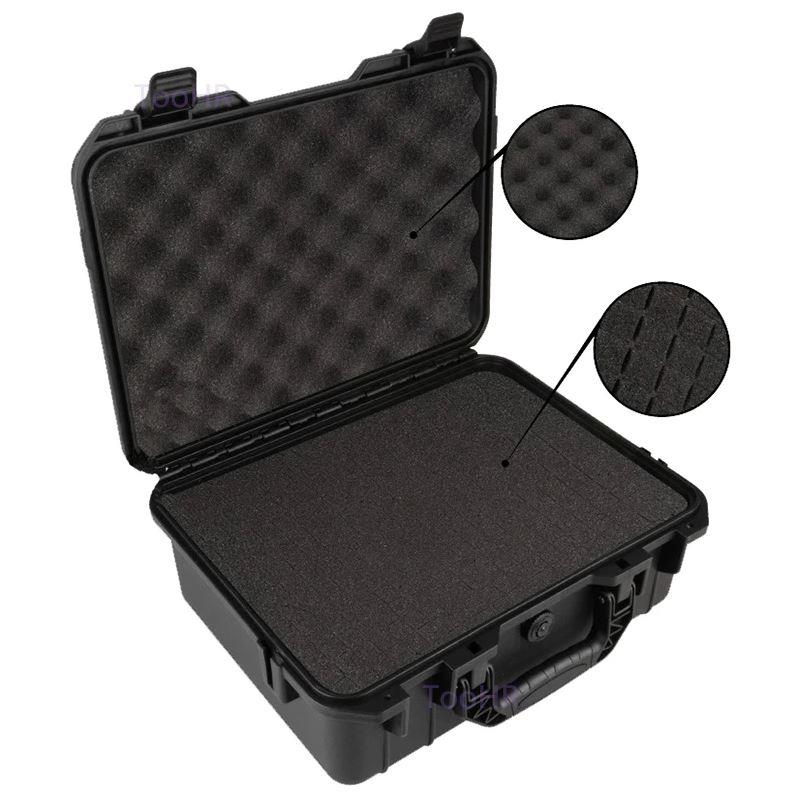 Square padded ammo case with hard shell, black protective storage container for firearm accessories and ammunition.