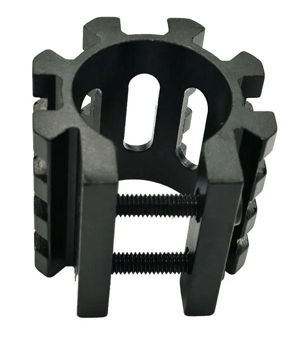 Universal Picatinny Weaver rail flashlight and laser base mount for 20mm and 25.4mm rails, compatible with firearm accessories.