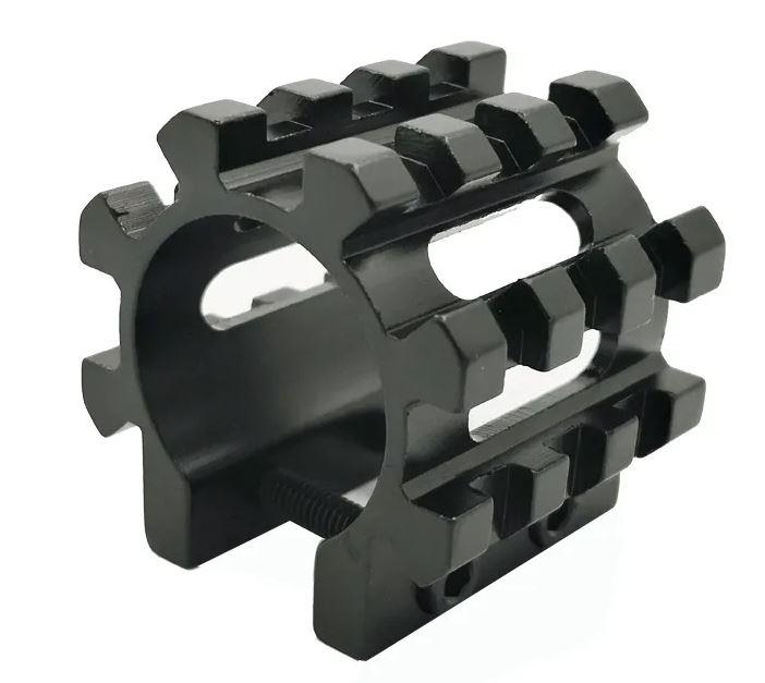 Universal Picatinny Weaver rail flashlight and laser mount for 20mm and 25.4mm rails, compatible with rifles and tactical gear.
