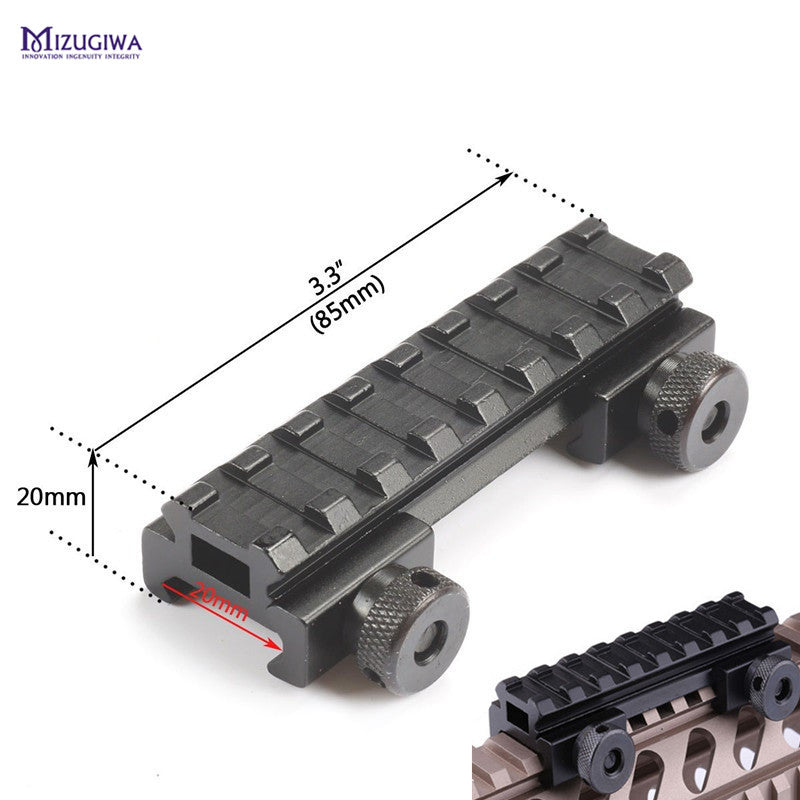 20mm riser base Picatinny Weaver rail for firearm accessories, compatible with rifles and tactical gear.