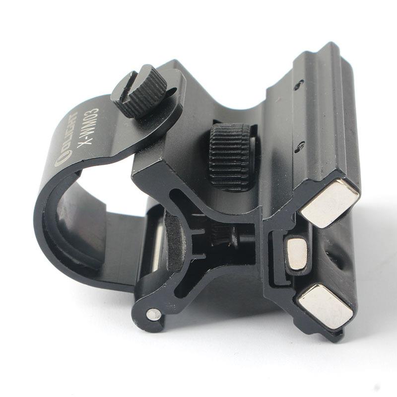 Magnetic shotgun torch mount for 25/30mm rails, quick release design, compatible with tactical flashlights.