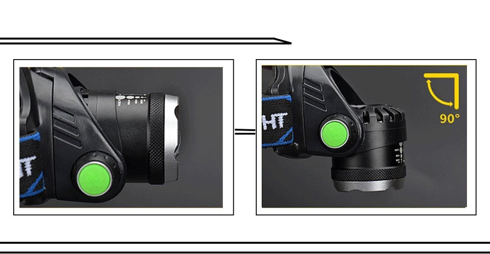 Super bright LED head torch by ALIEXPRESS for camping and hiking, with adjustable strap and powerful illumination.