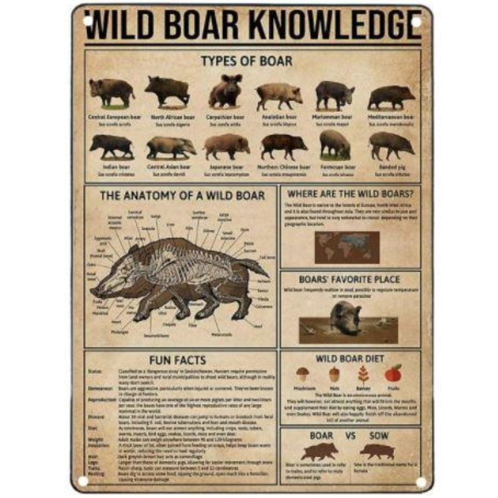 Wild boar knowledge metal board with engraved design, durable metal surface, and detailed artwork inspired by wild boar imagery.