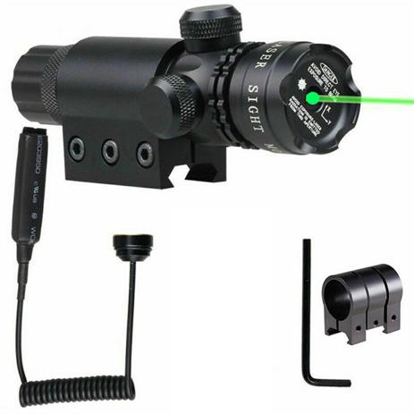 Green and red dot laser sight with barrel mount, compact tactical accessory for rifles and firearms.