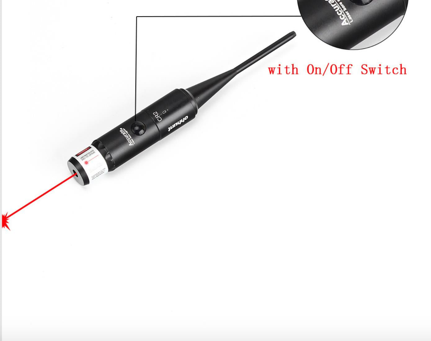 Red and green universal laser bore sighter for .17 to .50 caliber rifles and 12G/20G shotguns, used for firearm sight alignment.