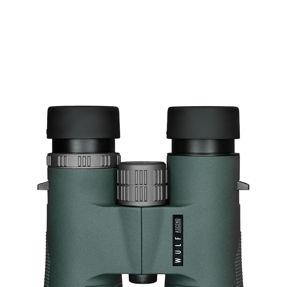 ELITE Wulf Ascend 10x42 binoculars showing a close-up of the black and gray binoculars with textured grip and objective lenses