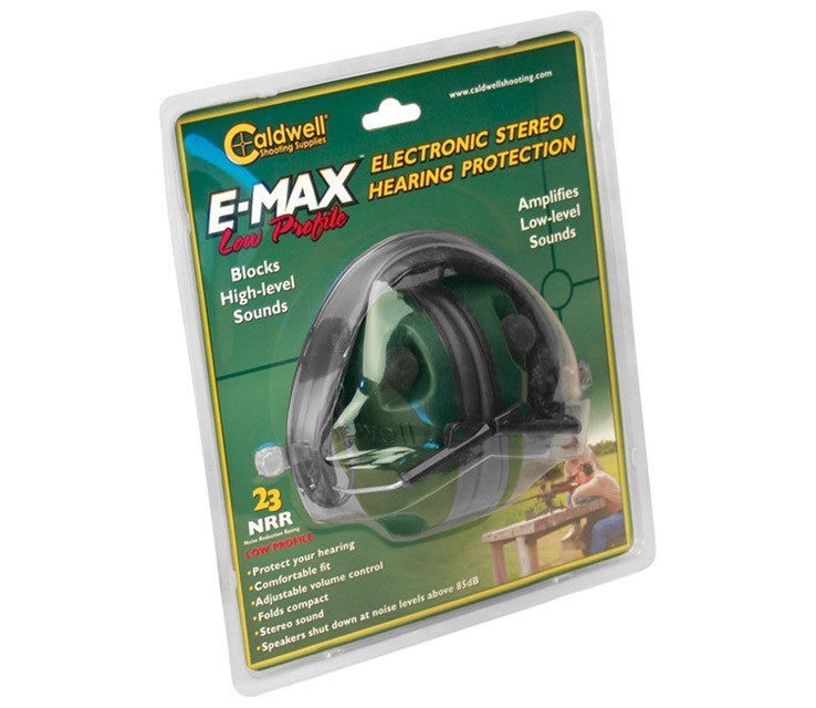 Caldwell E-Max Slim electronic ear defenders with adjustable headband and hearing protection for shooting and hunting.