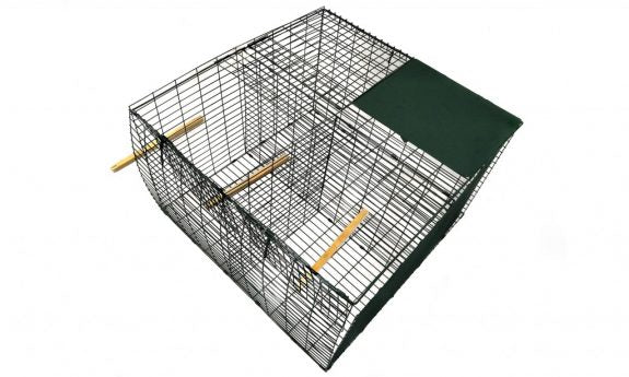 Collins Nets Larsen Magpie Trap, a legal live-catch cage for magpies and crows, with mesh sides and entry doors.