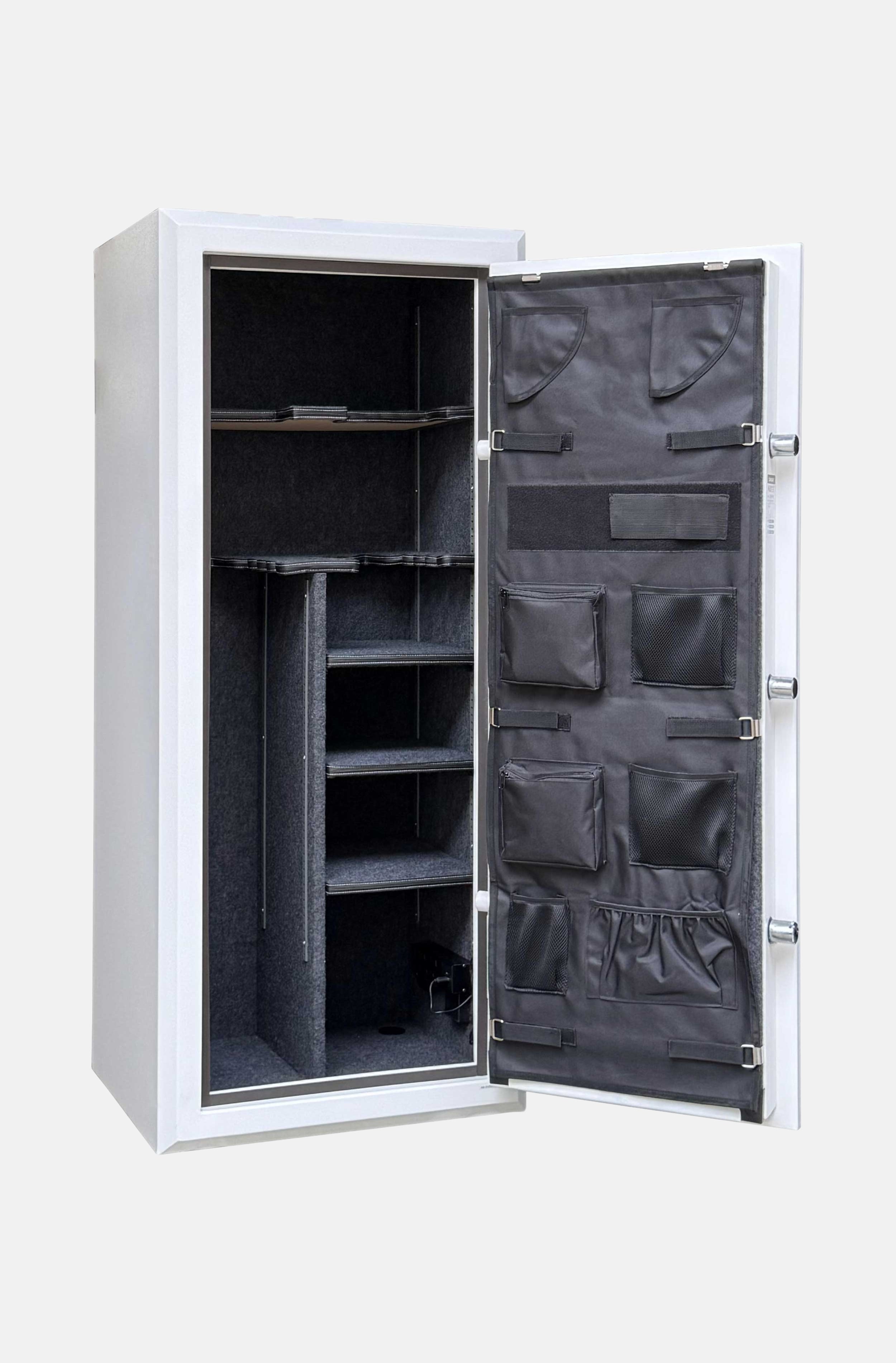 Cynthia Fortress Classic 20-gun fireproof safe with bright interior and gun cabinet for secure firearm storage.