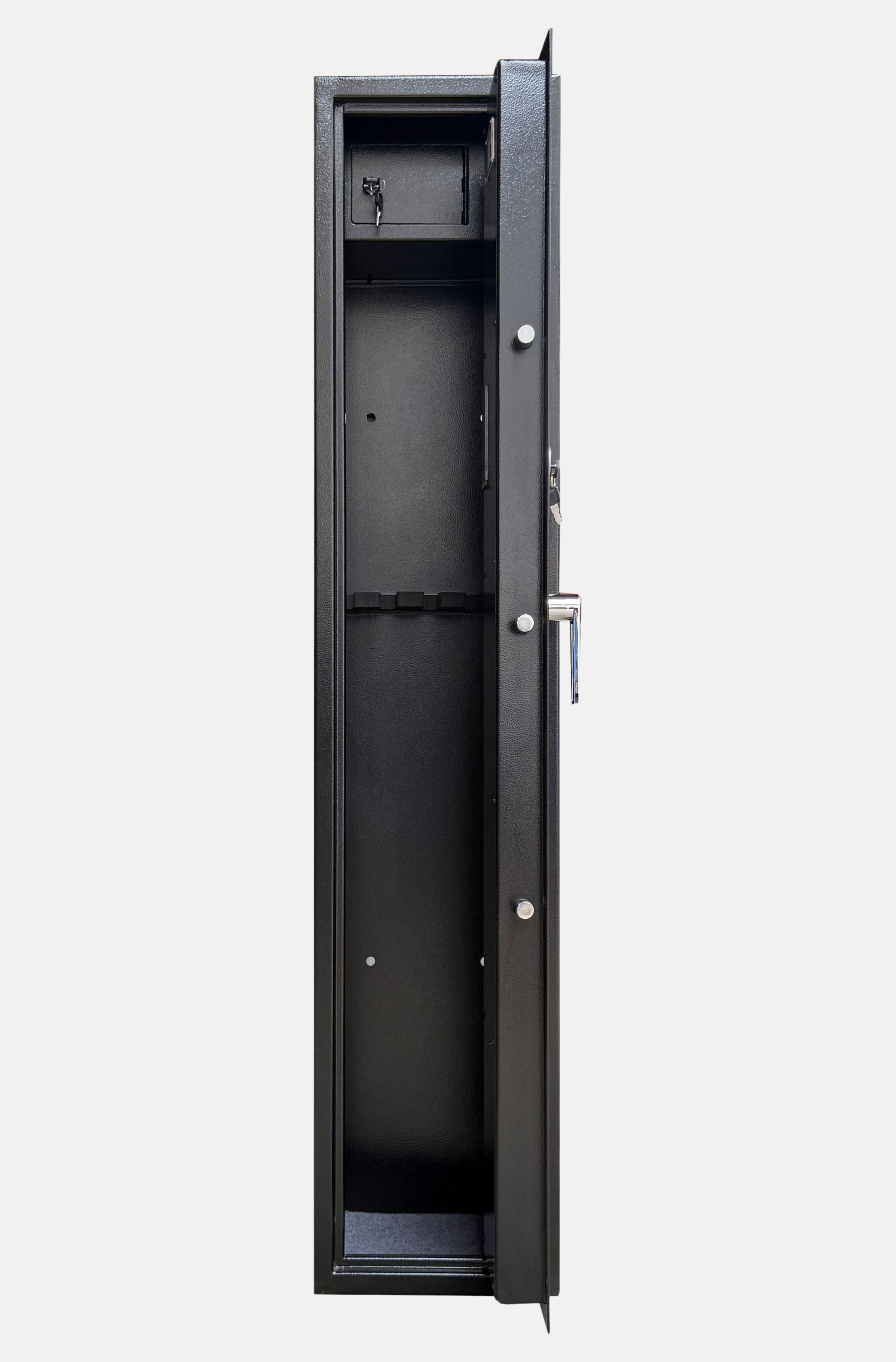 Cynthia Fortress Compact 5 Gun Safe showing a sturdy black safe with keypad lock and compact design for secure gun storage