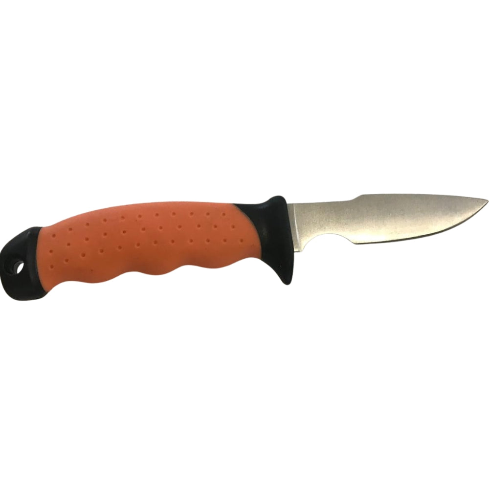 Set of four DALE hunting knives with wooden handles and stainless steel blades, arranged on a wooden surface.