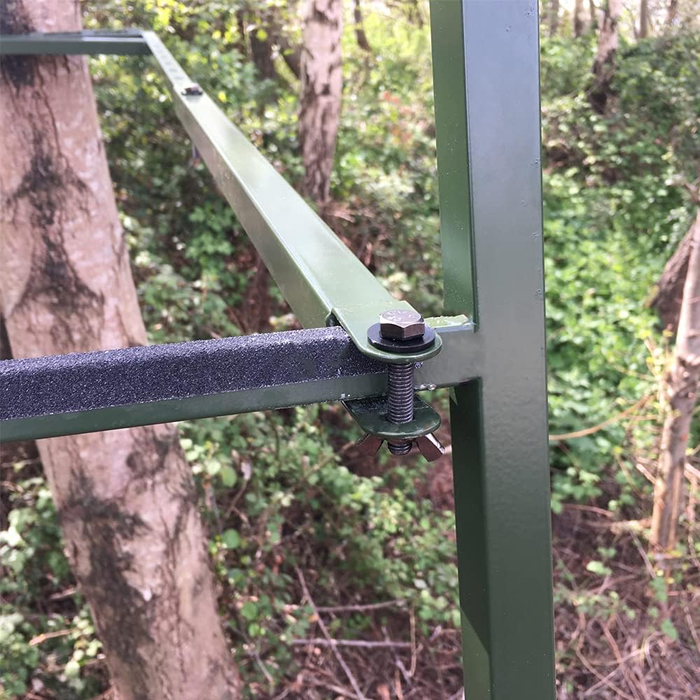 Galvanized adjustable highseat hunting tree stand by DALE with safety straps and sturdy frame for comfortable outdoor hunting.