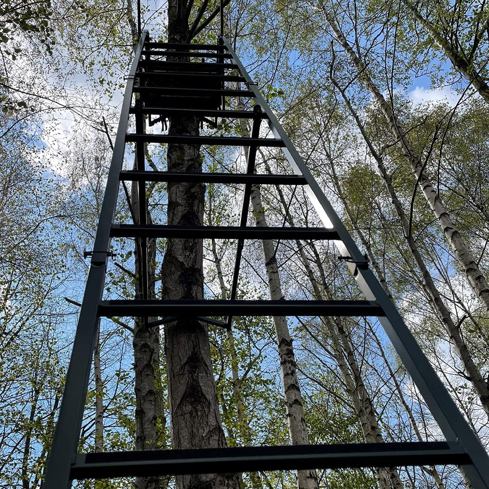 Galvanised adjustable highseat hunting tree stand by DALE with safety straps and sturdy frame for elevated hunting positions