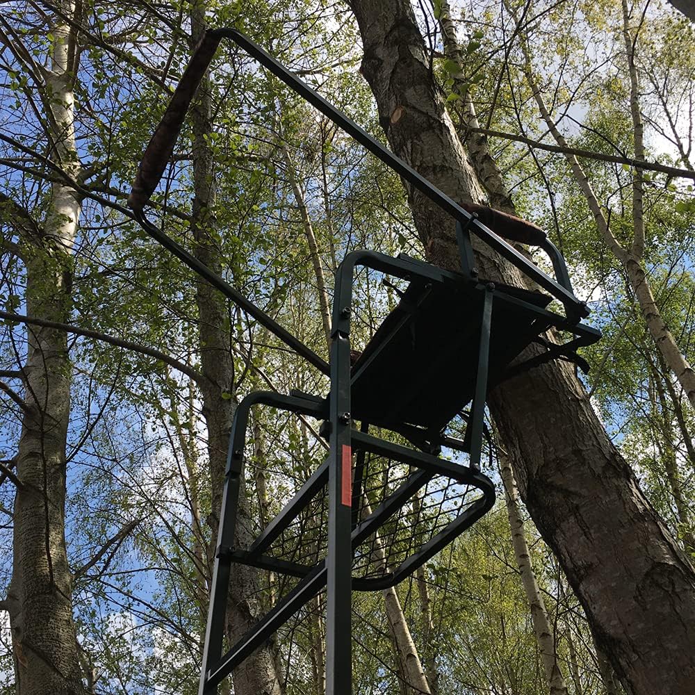 Galvanised adjustable highseat hunting tree stand by DALE, with a sturdy platform and safety straps for secure wildlife observation.