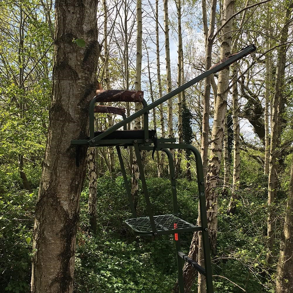 Galvanised adjustable highseat hunting tree stand by DALE, featuring sturdy metal construction for elevated wildlife observation.