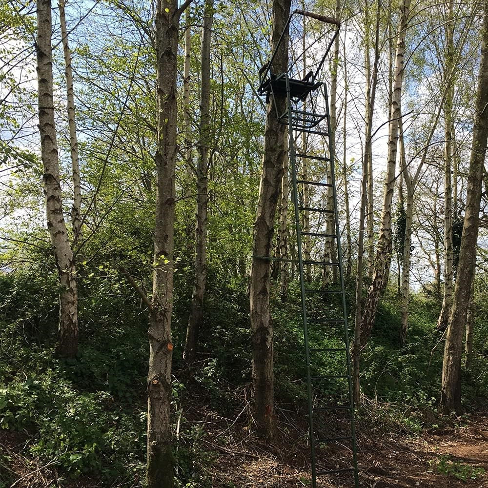 Galvanised adjustable highseat hunting tree stand by DALE with sturdy metal frame and secure seat for outdoor hunting.