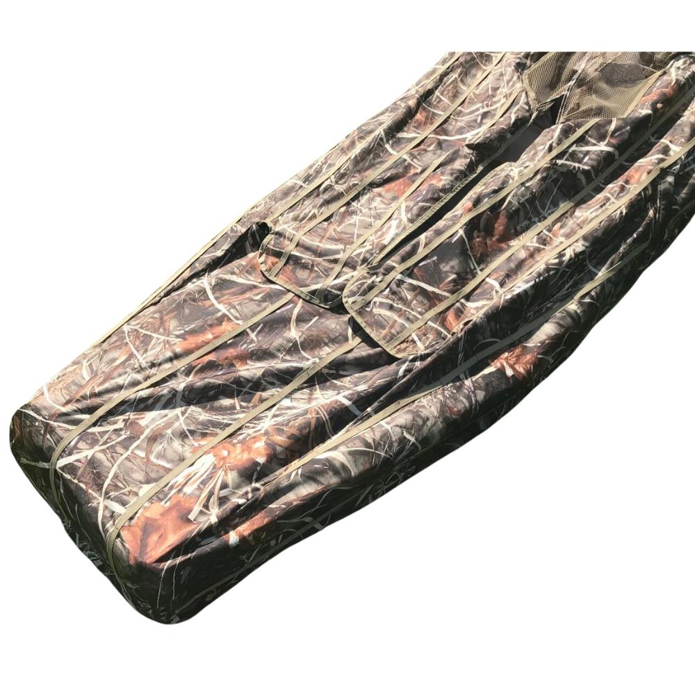 DALE pop-up wildfowl stubble camo lay-down ground blind set up on field for hunting, featuring camouflage pattern and easy assembly.