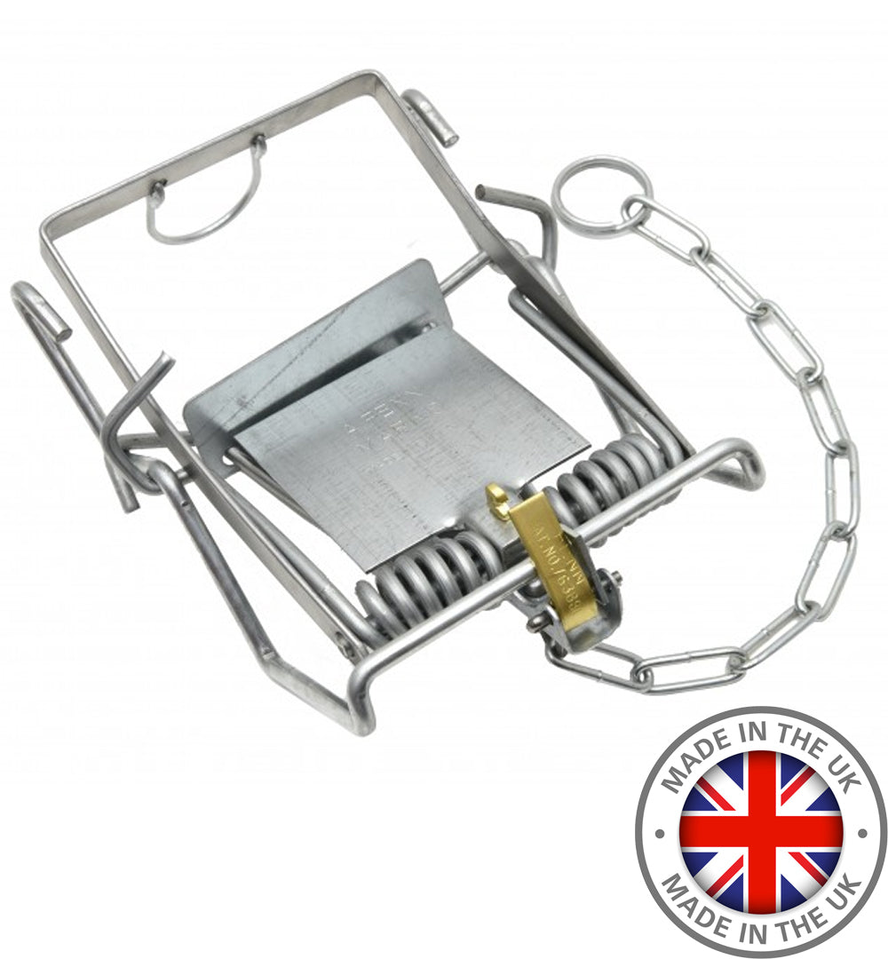 DB Springs Mark 6 Fenn spring trap for vermin control, showing the metal trap with spring mechanism and bait area.