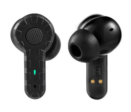 Green electronic shooting earplugs with noise-canceling hearing protection and adjustable fit for enhanced safety at shooting ranges.