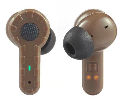 Green electronic shooting earplugs with noise-canceling hearing protection, designed for noise reduction and safety.