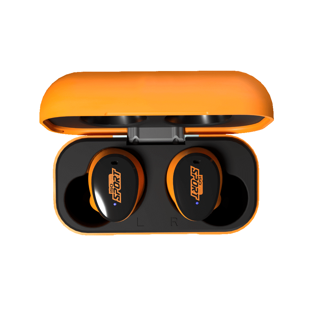 ROTHERY ISOTunes Sport Caliber earbuds in vibrant green or orange with ergonomic design and in-ear fit for active use