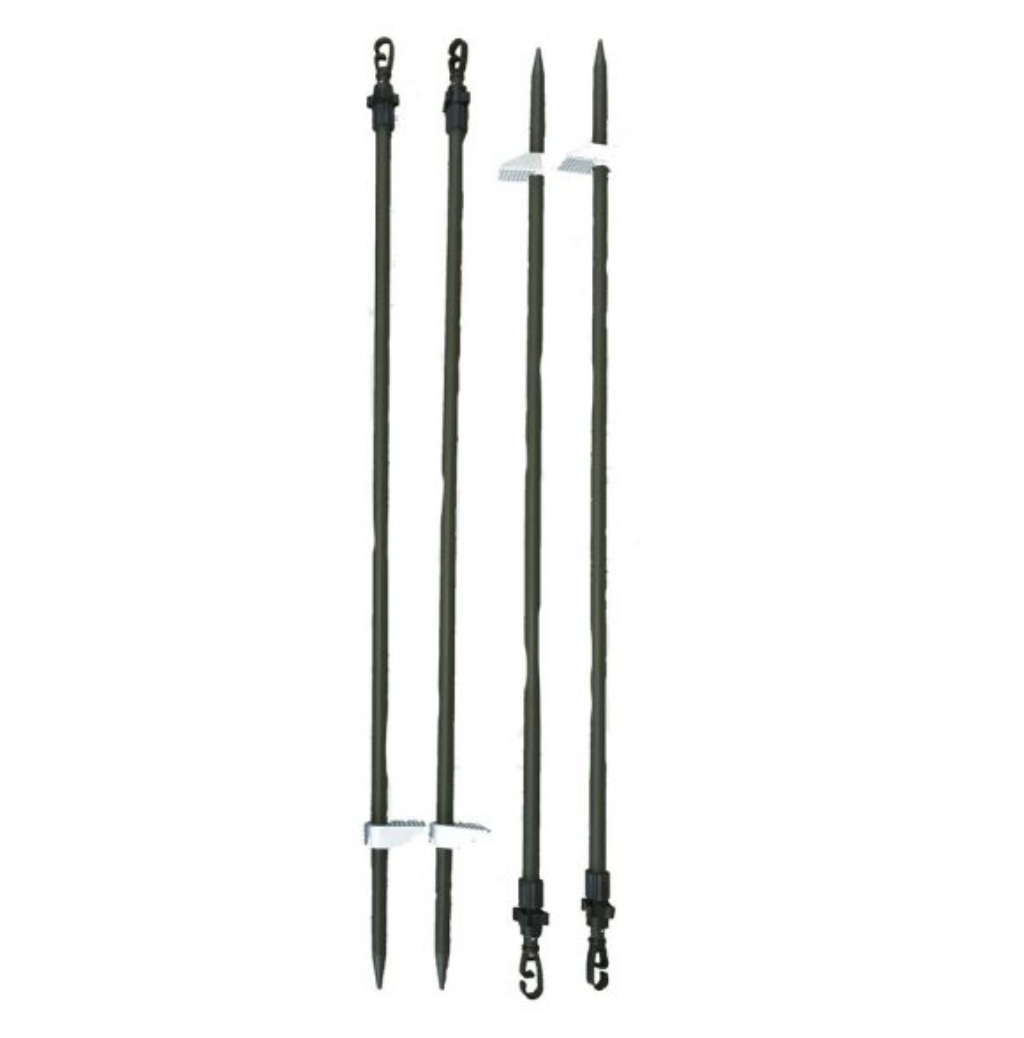 Echo 4 single spike hide poles with green canvas or camouflage bag, ideal for hunting and outdoor activities.