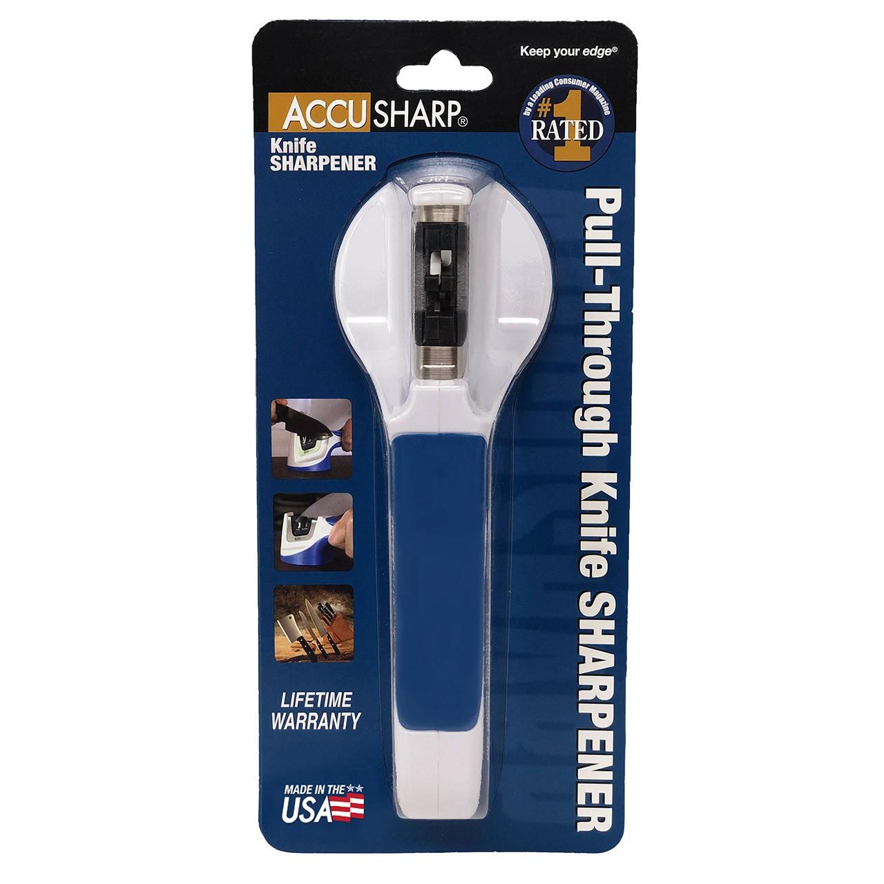 Edgar Accusharp pull-through knife sharpener with ergonomic handle and stainless steel sharpening slots on a kitchen countertop.