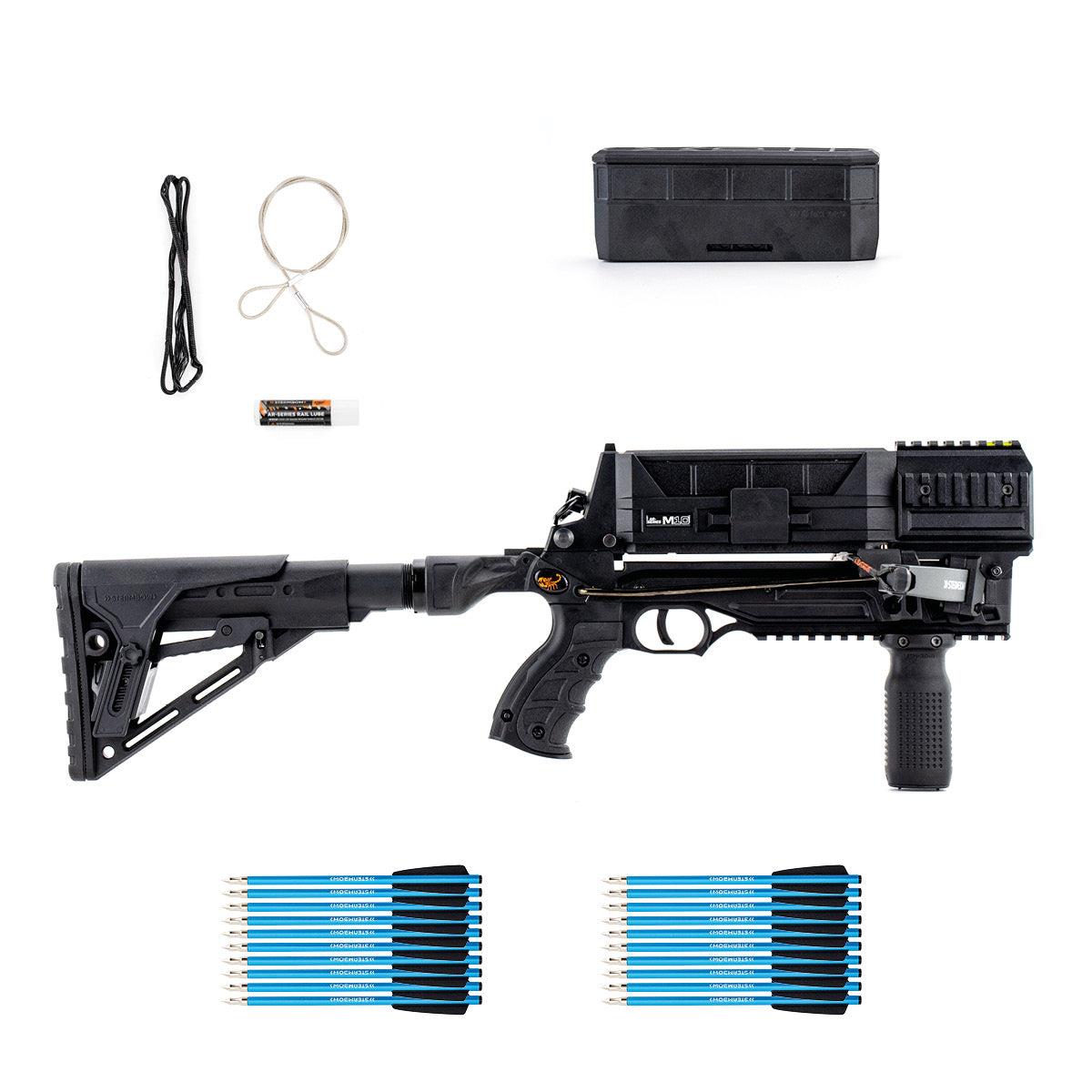 EDGAR Steambow M10 Tactical 10-round magazine-fed precision crossbow with scope and ergonomic stock, ready for target shooting.