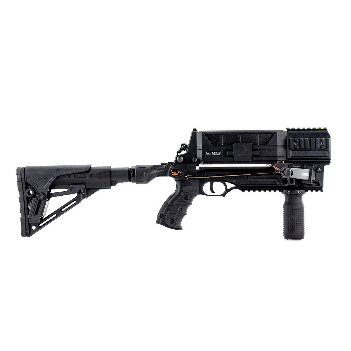 EDGAR Steambow M10 Tactical crossbow with magazine-fed, 10-round capacity, showing the sleek black design and tactical features.