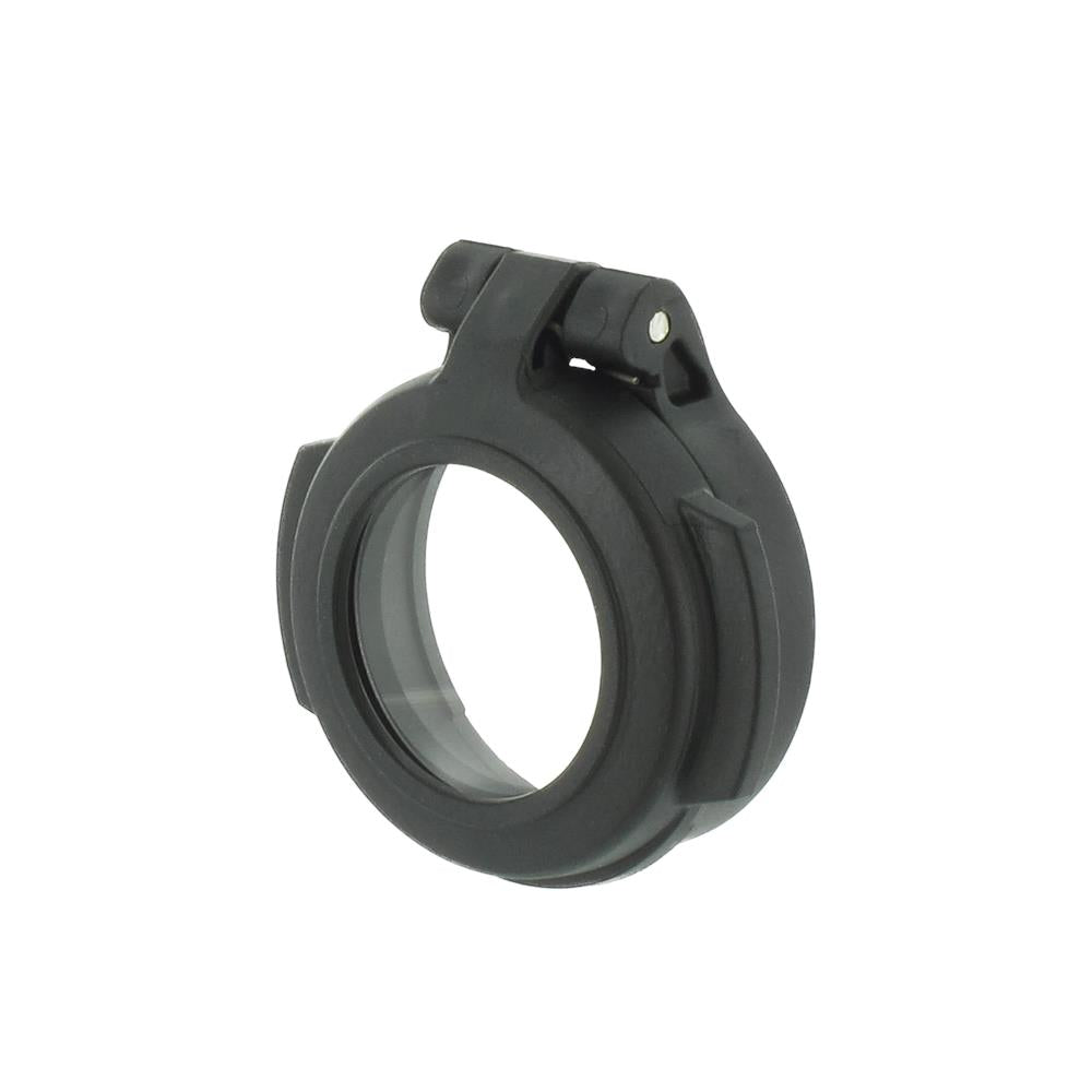 EDGAR Aimpoint H2 flip-up lens cover showing black plastic design and secure attachment for rifle scopes.