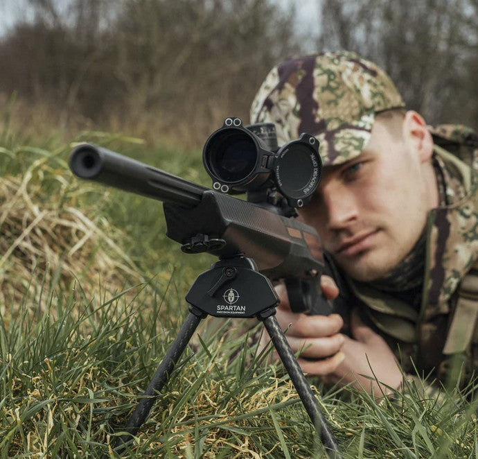ELITE Spartan Javelin Lite standard length 7.2-inch bipod mounted on a firearm for stability and support.