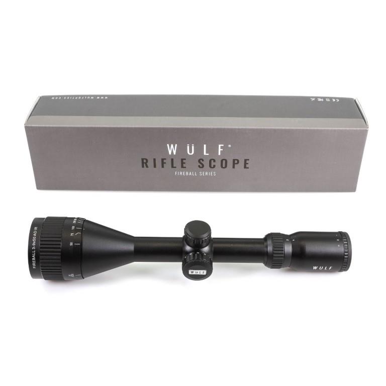 ELITE WULF Fireball rifle scope 3-9x50 AO SFP mounted on rings, showing adjustable optics and detailed scope features.