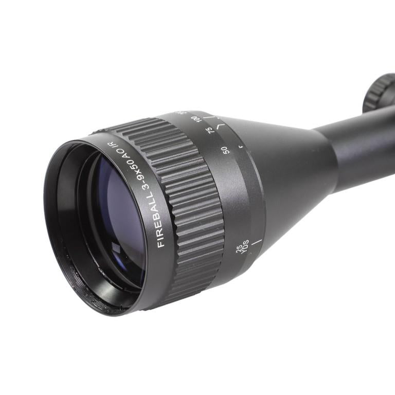 ELITE WULF Fireball rifle scope 3-9x50 AO SFP with 9-11mm rings, showing adjustable zoom and mounting rings in a detailed view.